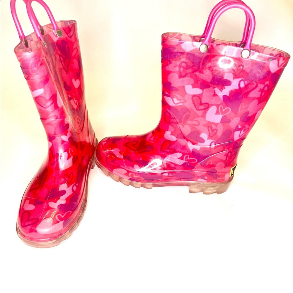 Western Chief Girls Sz 13 Rubber Rain Boots Hearts Print  Lights Up Heels Work!!